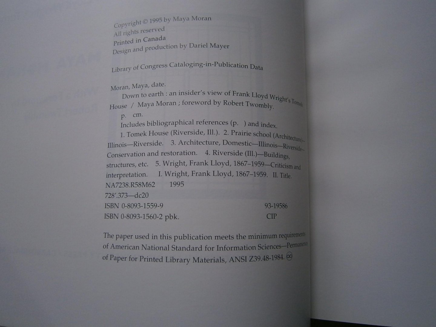 Moran, Maya - Down to earth, an insider's view of Frank Lloyd Wright's Tomek House