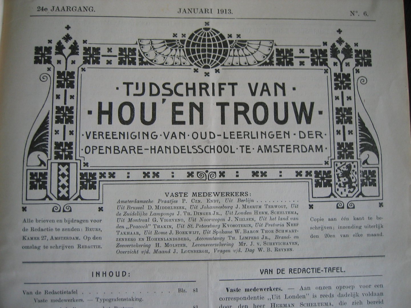 Redactie - Tijdschrift van Hou en Trouw - Vereeniging van oud-leerlingen der Openbare Handelsschool te Amsterdam. 24e jaargang 1913