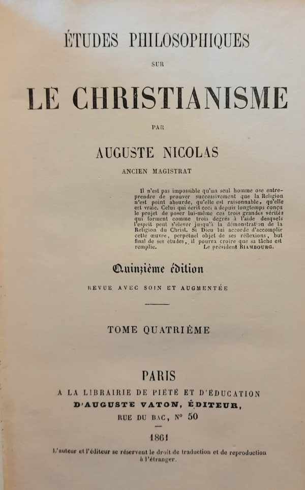 NICOLAS Auguste - Études philosophiques sur le Christianisme - Tome IV