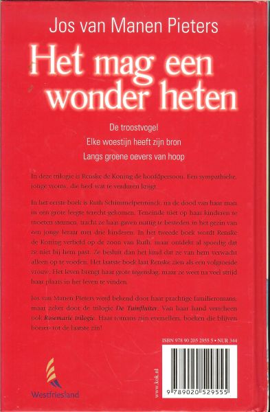 Manen Pieters, J. van .. Omslagillustratie Reint de Jonge - Het mag een wonder heten - De troostvogel - Een woestijn heeft zijn bron - Langs groene oevers van hoop .. Trilogie