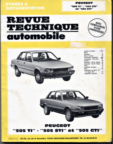 --- - Revue Technique Automobile. Peugeot 505 TI, 505 STI et 505 GTI. Avec complément étude carrosserie