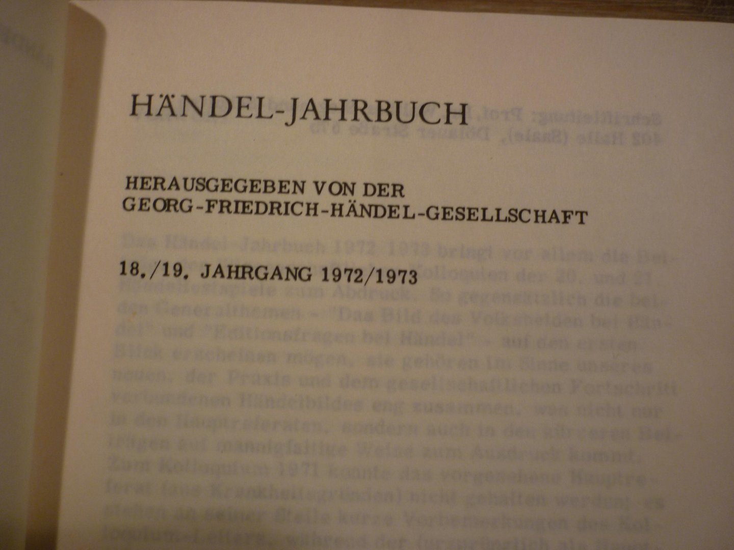 Händel; Georg Friedrich (1685–1759) - Jahrbuch 18./19. jahrgang 1972/1973; herausgegeben von der Georg Friedrich Handel-Gesellschaft