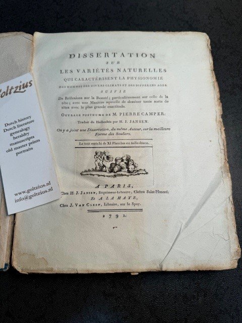 CAMPER,P., - Dissertation sur les variétés naturelles, qui caractérisent la physionomie des hommes des divers climats et des différens ages (...)