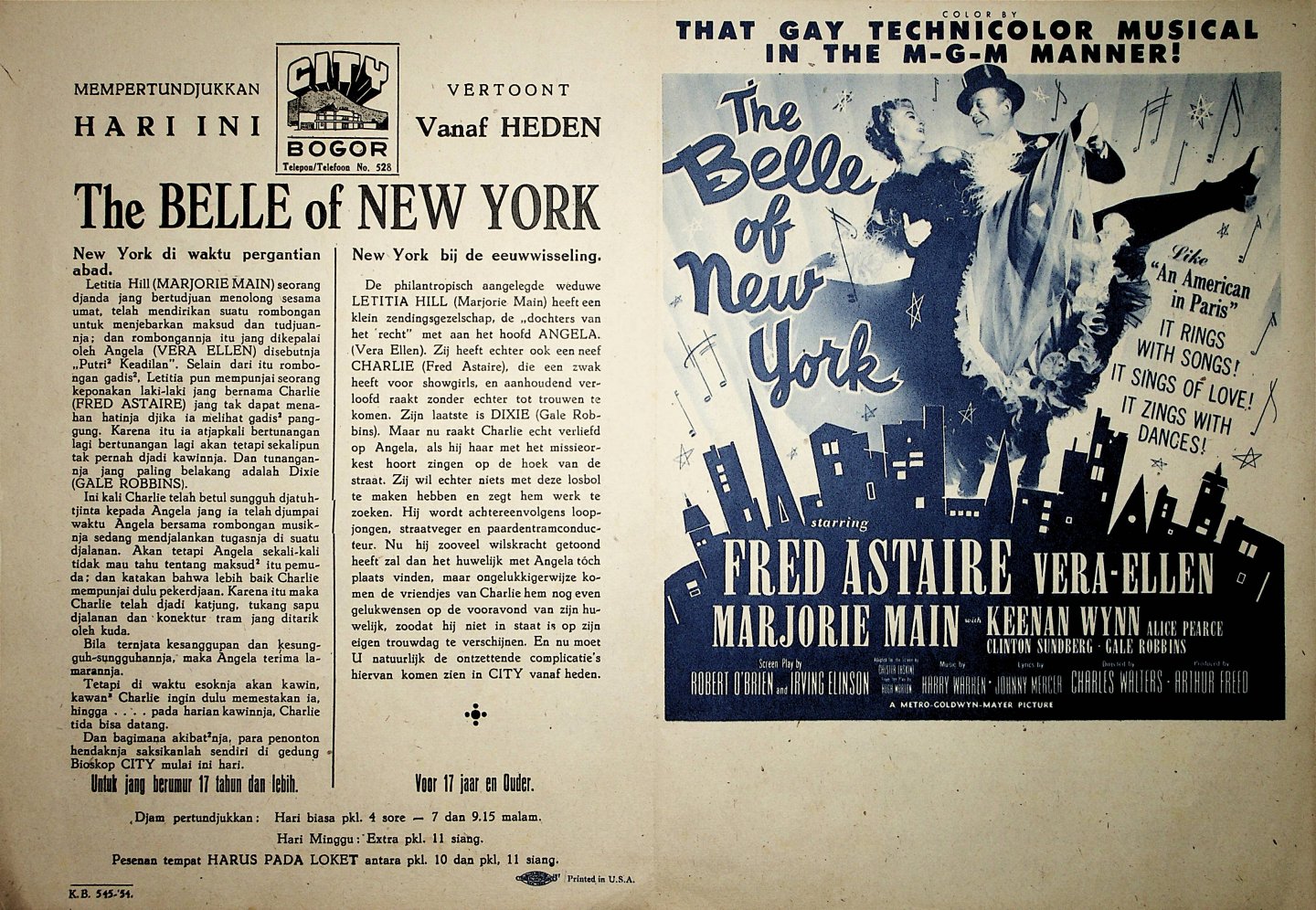 Astaire, Fred - Affiche voor de filmvertoning van de Amerikaanse film The Belle of New York, met Fred Astaire in de hoofdrol, in het City Theatre in Bogor Java).