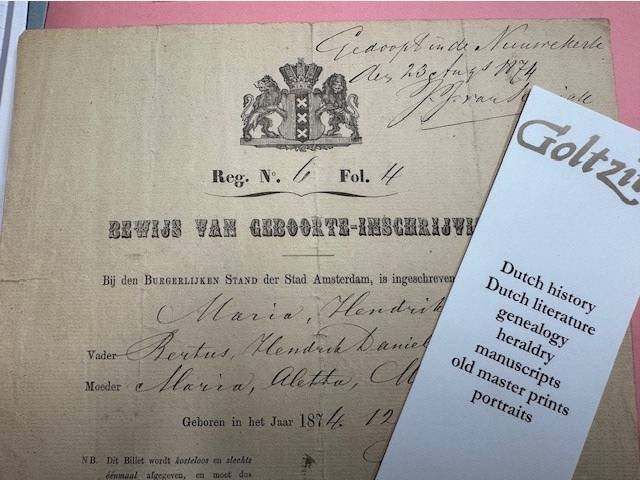  - Gemeente Amsterdam. Bewijs van geboorte-inschrijving. 12 August 1874. Birth of Maria Hendrika Schoneveld.