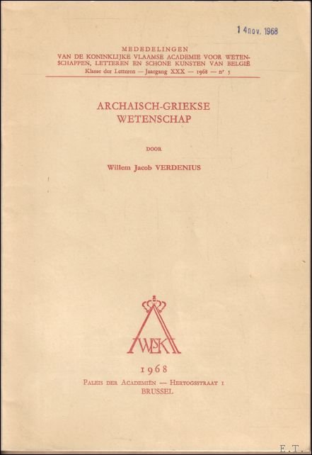 Willem Jacob Verdenius - Archaisch- Griekse wetenschap