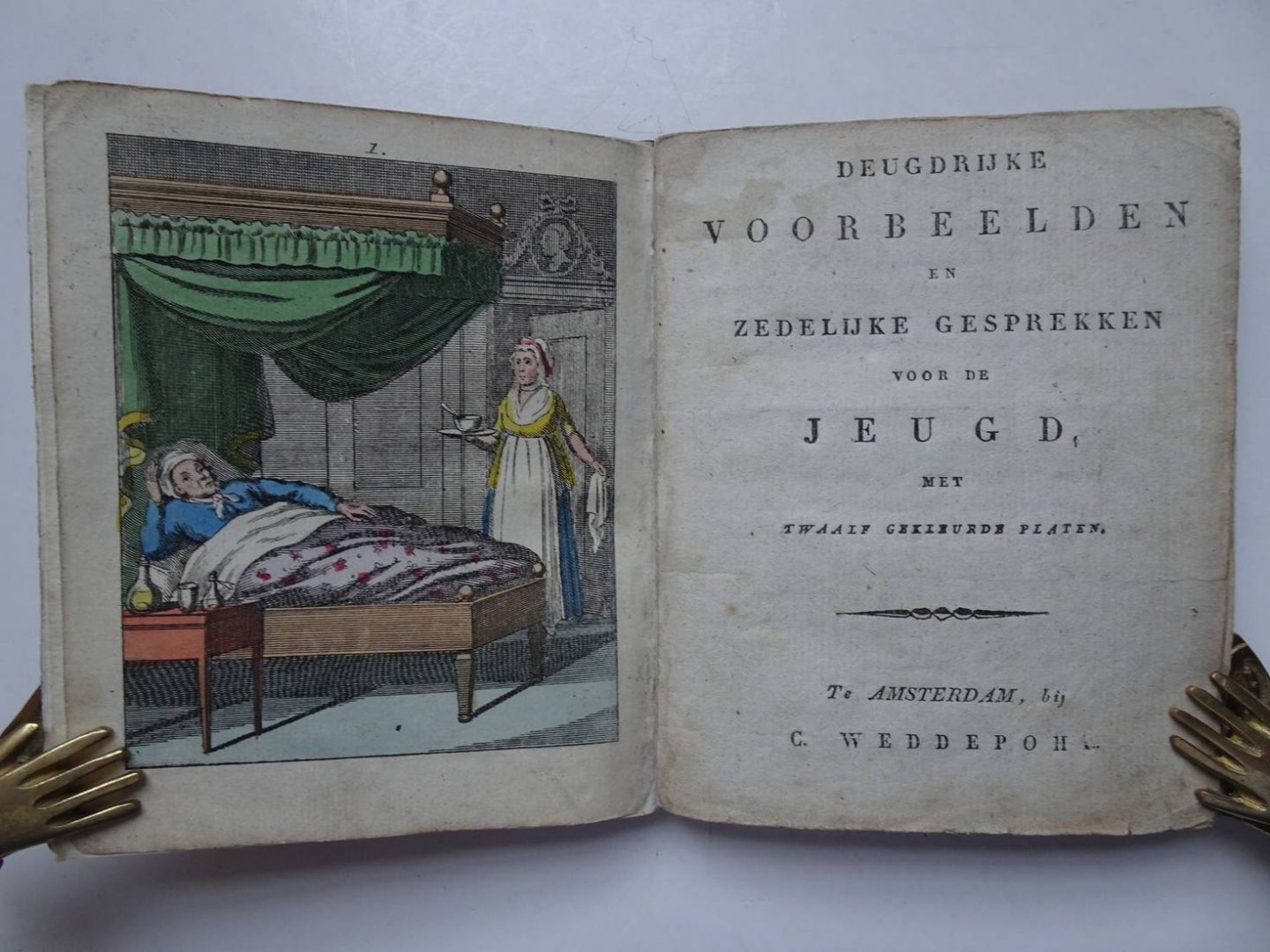 N.n.. - Deugdrijke voorbeelden en zedelijke gesprekken voor de jeugd.. Met twaalf gekleurde platen.