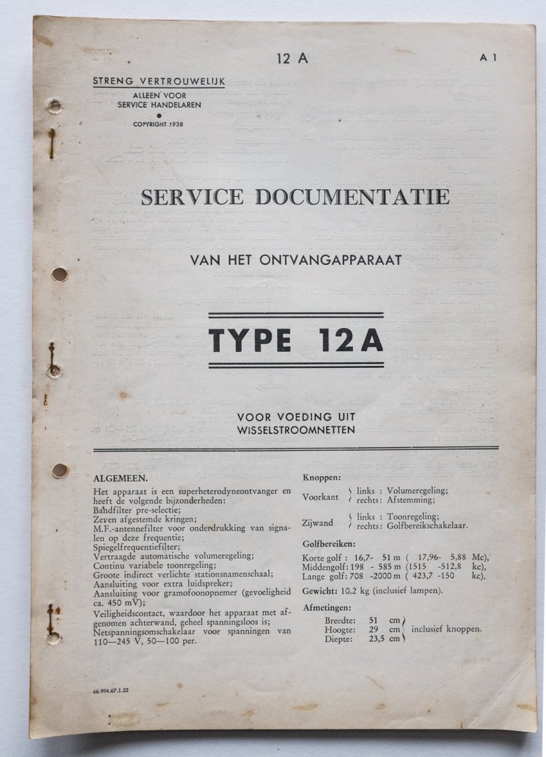  - Philips service documentatie - van het ontvangapparaat type 12A - voor voeding uit wisselstroomnetten