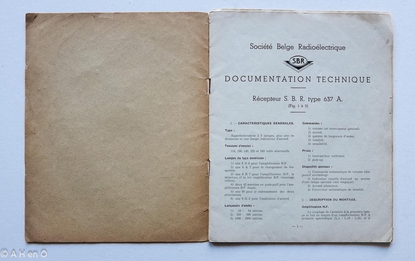 SBR Société Belge Radio-Electrique, Bruxelles - Technische documentatie Ontvanger S.B.R. Type 637 A