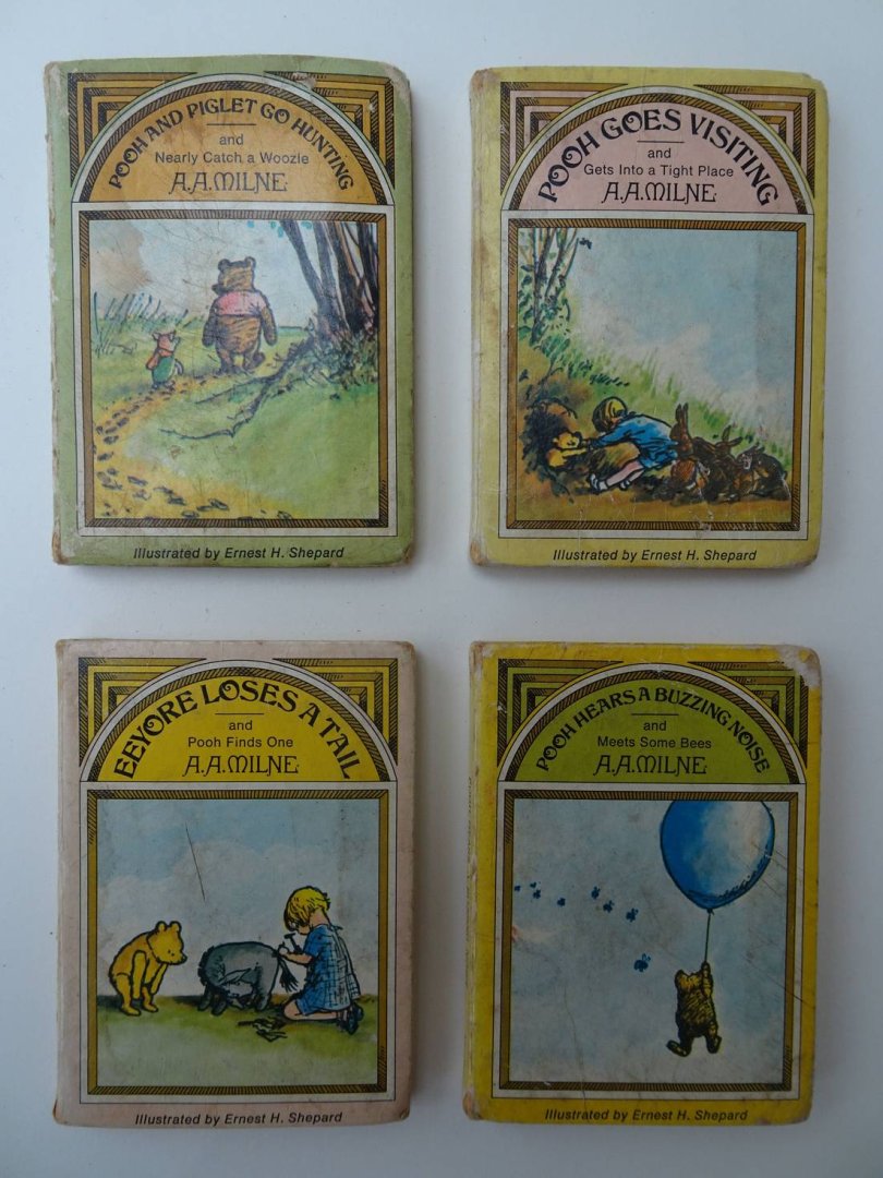 Milne, A.A. & Ernest Shepard. - Pooh goes visiting and gets into a tight place/ Pooh and Piglet go hunting and nearly catch a Woozle/ Pooh hears a buzzing noise and meet some bees/ Eeyore loses a tail and Pooh finds one. 4 vols.