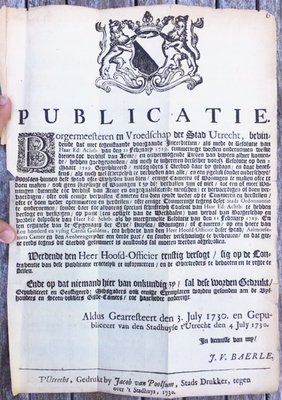 UTRECHT - Publicatie. (Tegen het bouwen van woningen voor arme en onvermogende lieden van buiten de stad).