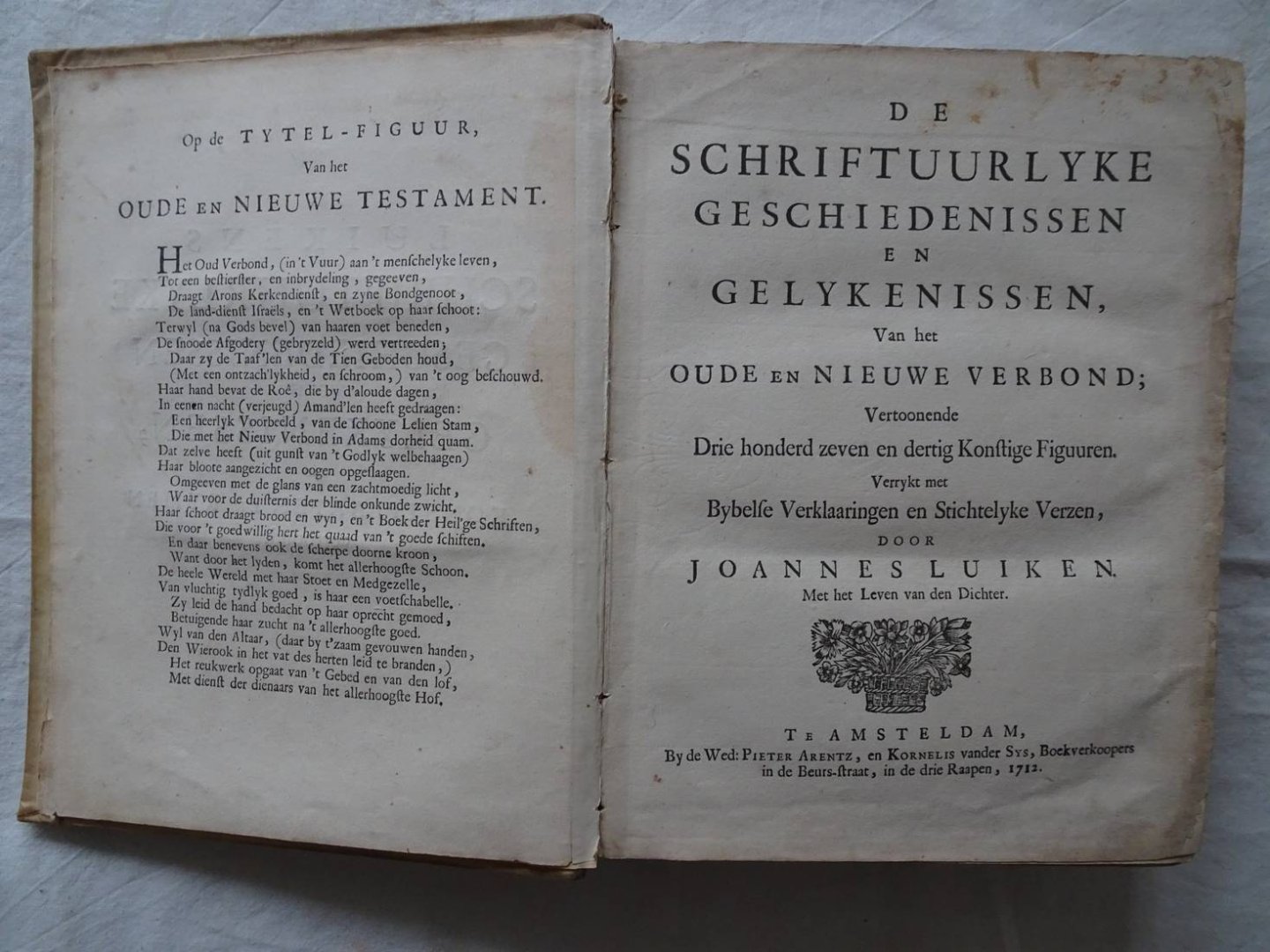Luiken, Jan (Jan Luyken). - 14. De schriftuurlyke geschiedenissen en gelykenissen van het oude en Nieuwe Verbond; vertoonende drie honderd zeven en dertig konstige figuuren, verrykt met bybelse verklaaringen en stichtelyke verzen. (One volume of two.)