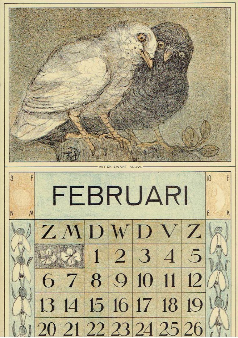 HOYTEMA, Theo van [HOIJTEMA] - Kalenderblad T. v. Hoytema - Wit en zwart kouw - februari - kalenderjaar 1915.