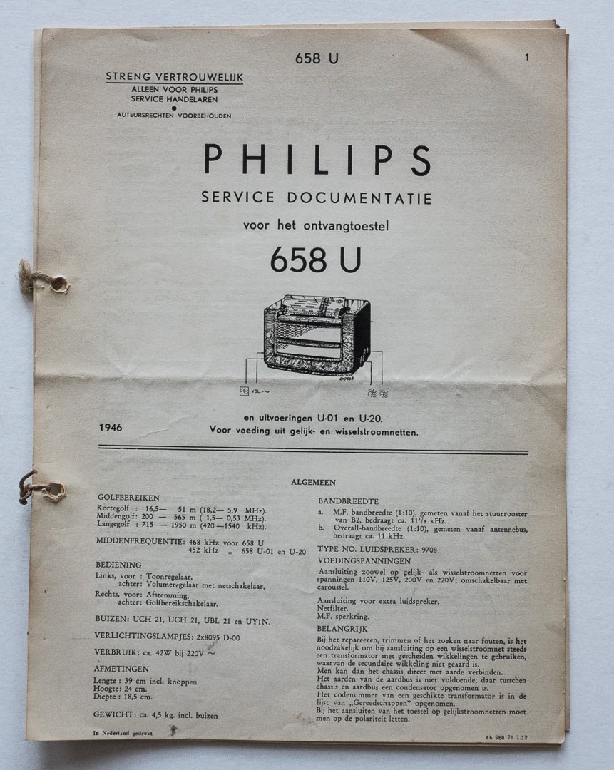  - Philips service documentatie - voor het ontvangtoestel 658U en uitvoeringen U-01 en U-20 - voor voeding uit gelijk- en wisselstroomnetten