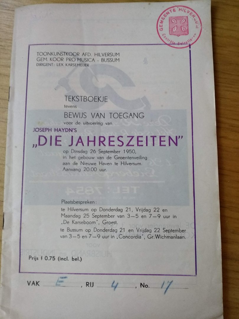 Haydn, Joseph - Die Jahreszeiten  (tekstboekje tevens bewijs van toegang op dinsdag 26 september 1950 in de groenteveiling)
