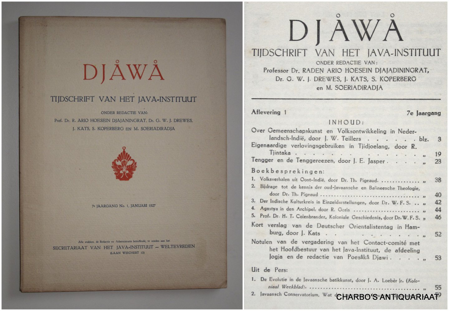 DJAJADININGRAT, RADEN AR IO HOESEIN (et al, eds.), - Djawa. Tijdschrift van het Java-Instituut. 7e jaargang, aflevering 1 (Januari 1927).