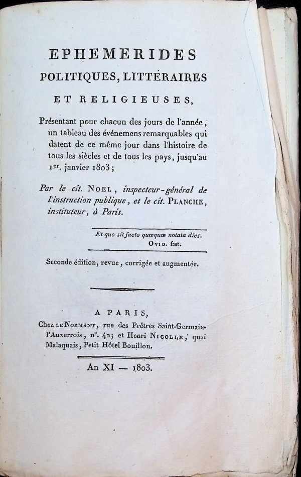 Noel   Planche - Ephemerides politiques, littéraires et religieuses Juillet 1803