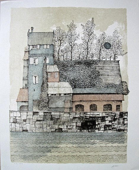 CZINNER, Ossi. - Impression of an old house. Original coloured lithograoh.