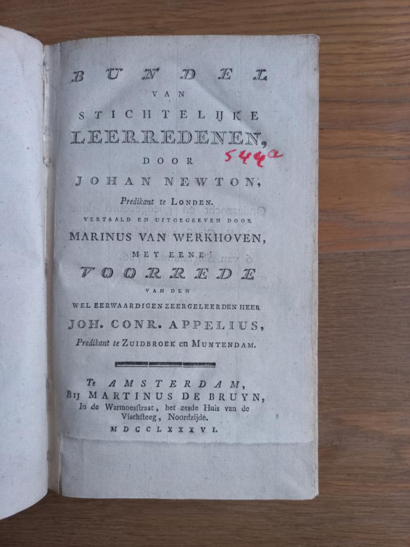 Newton, Johan, vertaling en uitgave Marinus van Werkhoven, voorrede Joh. Conr. Appelius - Leerredenen, Bundel van stichtelijke leerredenen