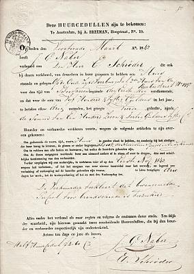 AMSTERDAMS DOCUMENT - Overeenkomst huurcedullen gedateerd 1842 tussen verhuurder J.C. Naber en huurder E. Schröder van een huis aan de Oudezijds Voorburgwal vlakbij de Barberstraat voor 550 gulden per jaar. Met verlengingen tot 1874.