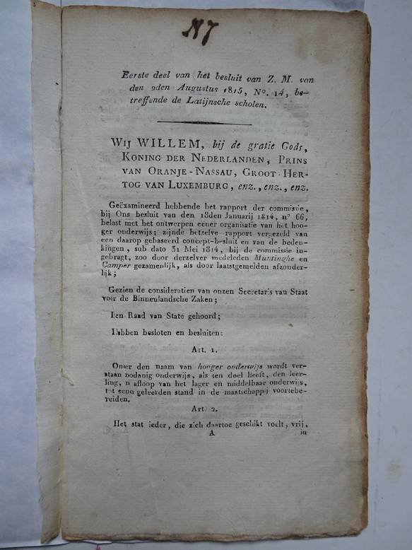 No author. - Eerste deel van het besluit van Z.M. van den 9den Augustus 1815, no. 14, betreffende de Latijnsche scholen.