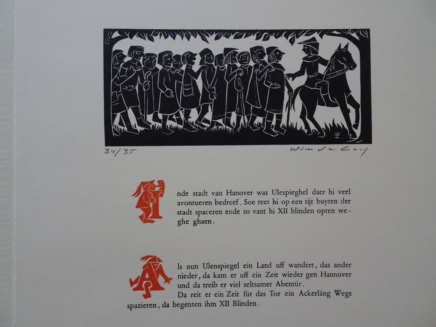 Cock, Wim de. - Tweemaal Uilenspiegel. Vijf houtsneden bij oudnederlandse en oudduitse tekstfragmenten.