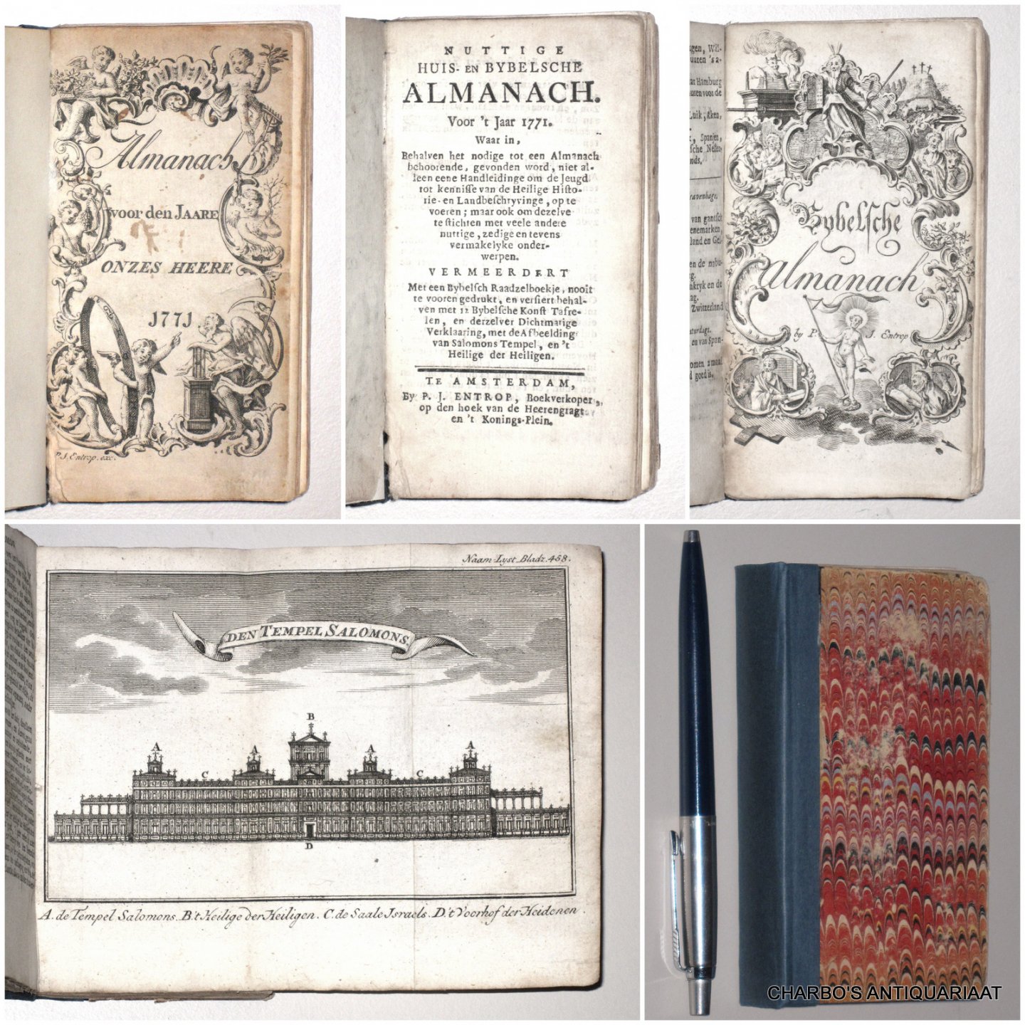 ALMANAK. - Nuttige huis- en bybelsche almanach. Voor 't Jaar 1771. Waar in, behalven het nodige tot een Almanach behoorende, gevonden word, niet alleen eene handleidinge om de jeugd tot kennisse van de Heilige historie en landbeschryvinge, op te voeren; ...