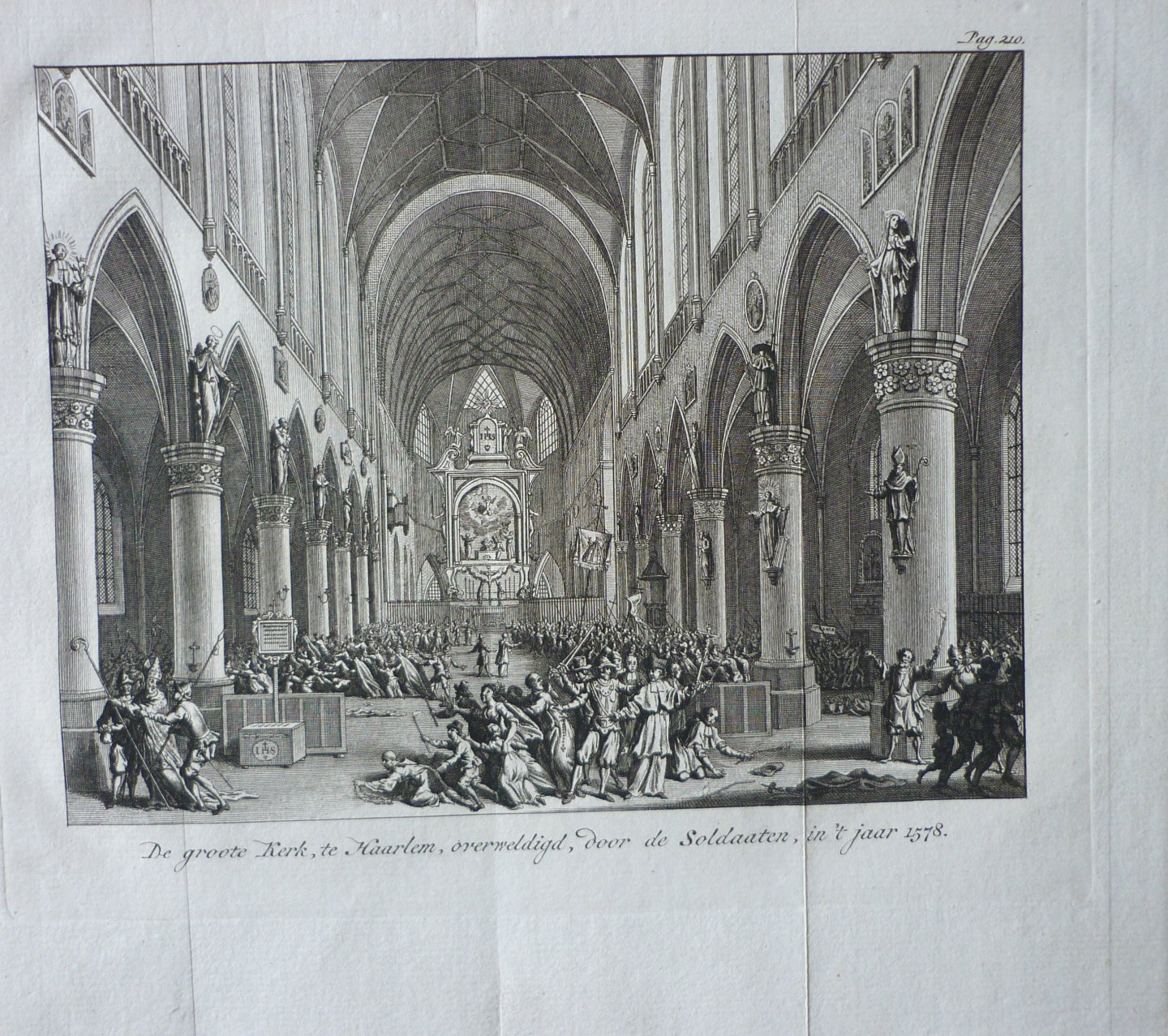 Fokke, S. / Wagenaar J. - De groote Kerk te Haarlem overweldigd door de soldaten in 't jaar 1578. Originele kopergravure.