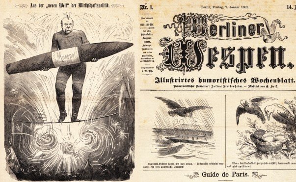 STETTENHEIM, Julius / Gustav HEIL - Berliner Wespen. Illustrirtes humoristisches Wochenblatt. Nr. 1-4 von den XIV. Jahrgang mitsamt den Beilagen (also 8 S. pro Nummer), und auch die Nr. 37 der XIV. Jahrgang mit 3 Inseratenbeilagen (zus. 16 S.).