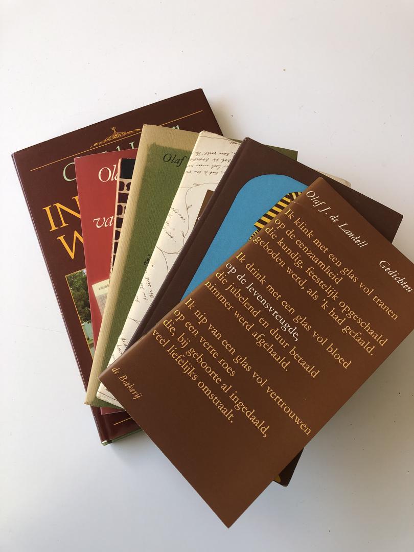 Olaf J. de Landell - 7 gesigneerde boeken van Olaf; Indonesie weerzien, gedichten, een vaartuig voor de herinnering, open dicht woord, overpeinzingen, leesweekgeschenk 1956, in het hol van de tamme leeuw