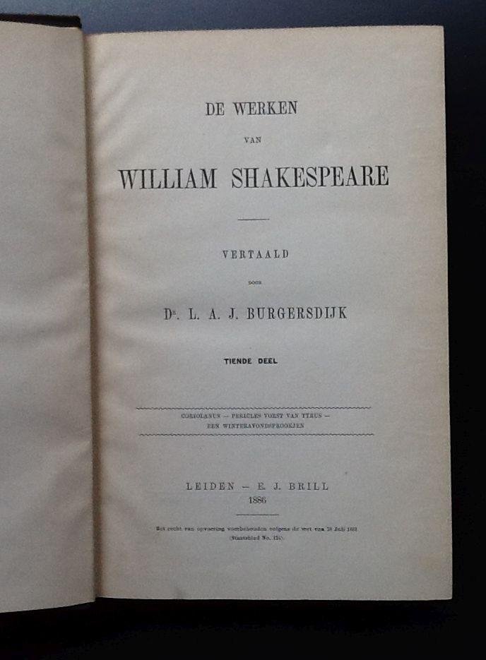 William Shakespeare    L.A.J. Burgersdijk(vertaling) - De werken van William Shakespeare deel 10  Coriolanus - Pericles vorst vanTirus - Een winteravondsprookje