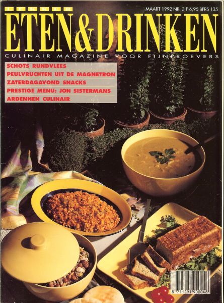 Entree Ton Borghouts * Peulvruchten zooals kikkererwten páté * kruiden in de keuken en de wetenschap - ETEN en DRINKEN met Abiance  Maart 1992 nr 3 Zesde jaargang  Gastronomisch magazine * zes Snelle snacks voor zaterdagavond * niet minder dan 6 x kip uit de wadjang