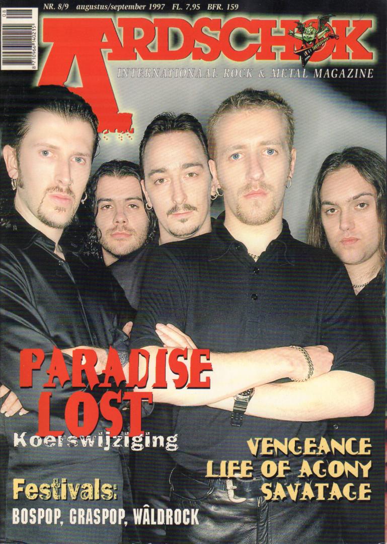 Magazine Aardschok - AARDSCHOK 1997 nr. 08/09 (hardrock & heavy metal magazine met o.a. PARADISE LOST(COVER 4 p.)/BOSPOP(2 p.)/GRASPOP(4 p.)/GALACTIC COWBOYS(1,5 p.)/LIFE OF AGONY(2 p.)/BOSTON(2 p.)/BTHONG(2 p.)/CHEAP TRICK(1,5 p.)/AD VANDENBERG(3 p.), goede staat