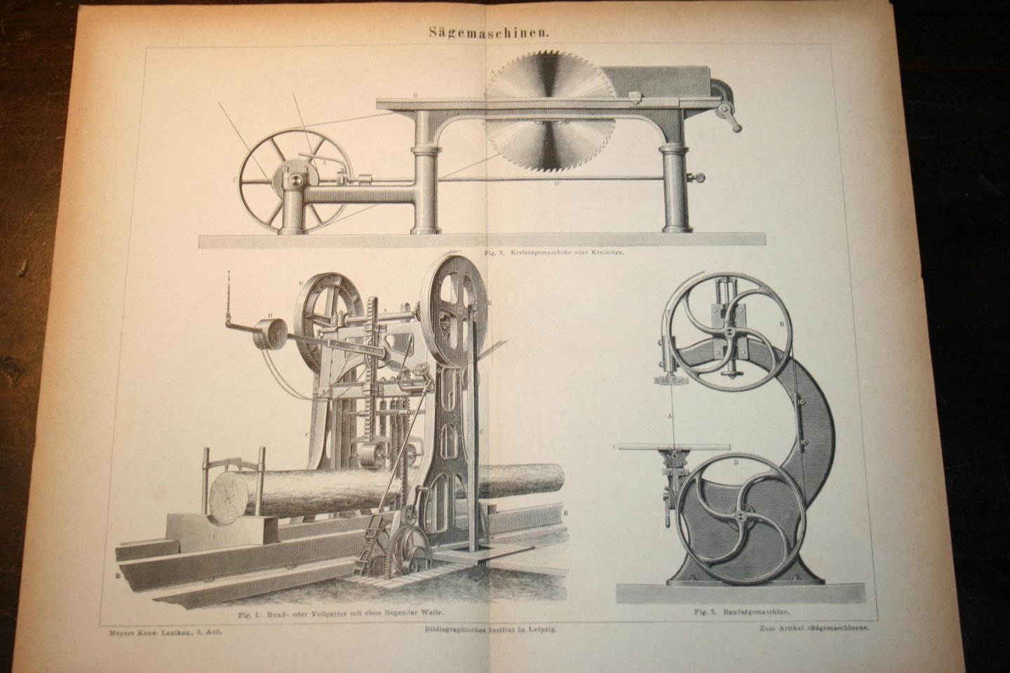  - Antieke prent - Gereedschappen Zaagmachines  - Circa 1875