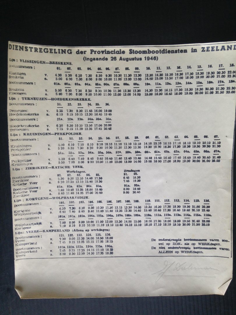  - Dienstregeling der Stoombootdiensten  in Zeeland ingaande 26 aug 1946