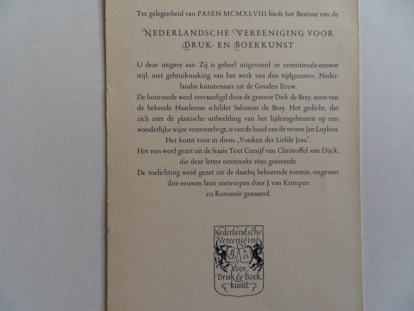Luyken, Jan [tekst]. Bray, Dirk de [ houtsnede ]. - Toezang. Wij prediken Christus den gekruisigden. 1 Kor: 1:23. [ beperkte oplage, maar aantal niet vermeld  ].