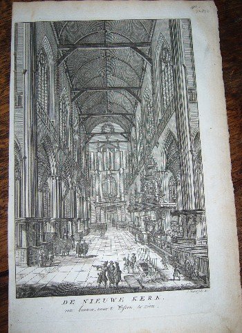 antique print (prent) - De nieuwe kerk van binnen, naar `t westen, te zien. (Amsterdam).