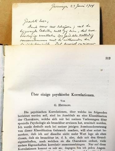 HEYMANS, G., PANNENBORG, W.A. - Handgeschriebener Brief (4 S.) an W.A. Pannenborg. Mit einer großen Sammlung von Heymans-Artikeln über psychologische Themen 1902-1921 - meist auf Deutsch.
