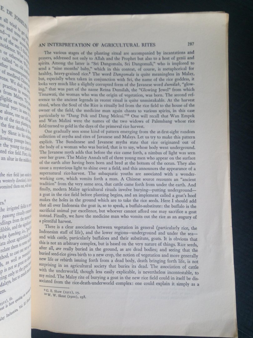 Josselin de Jong, P.E. - Artikel An Interpretation of Agricultural Rites in Southeast Asia, reprint Journal of Asian Studies, Vol XXIV, nr 2, feb 1965