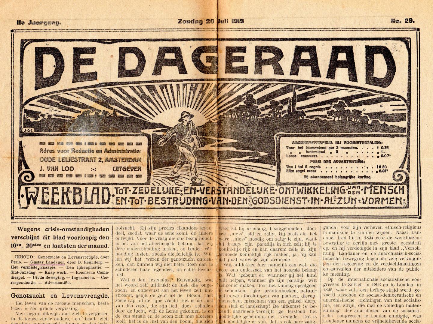 Dageraad, Redactie de - De Dageraad - drie edities: nr. 27, 28 en 29 (juni/juli 1919). Antiquarisch. Beschrijving: