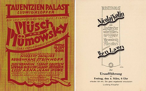 TAUENTZIEN-PALAST - 10 andere Film-Einladungskarten, alle entworfen von Karl MICHEL, für Uraufführungen zu Filmen im Tauentzien-Palast, 1925-1927.