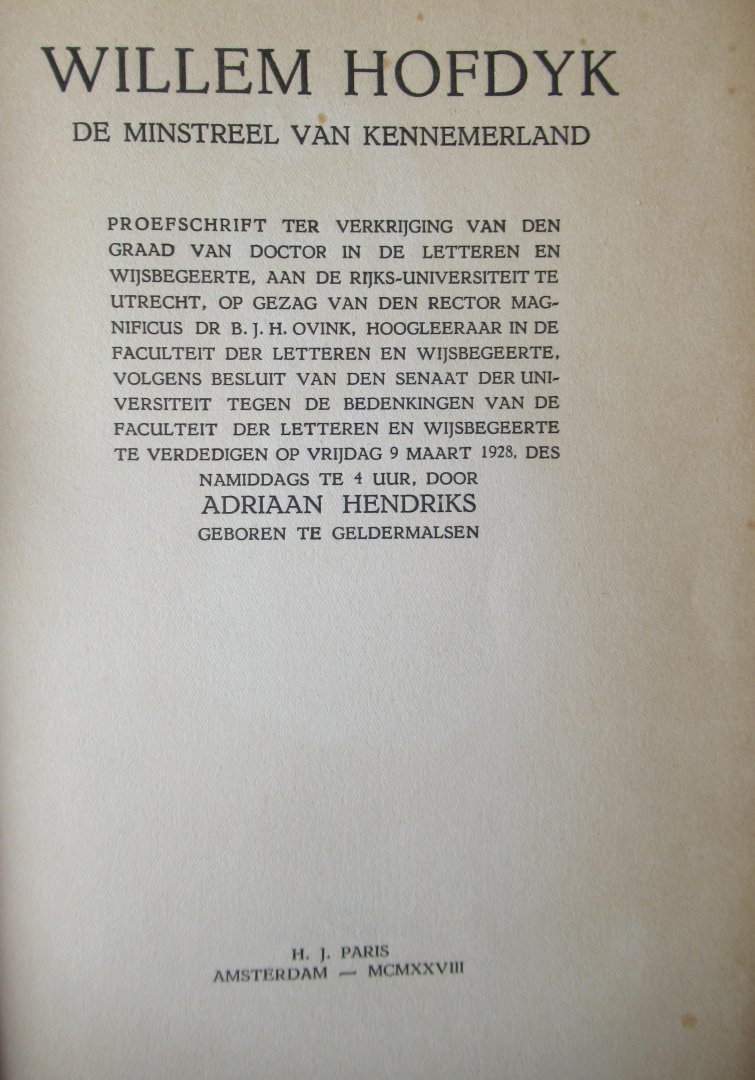 Hendriks, A. - WilleM Hofdijk de minstreel van Kennemerland