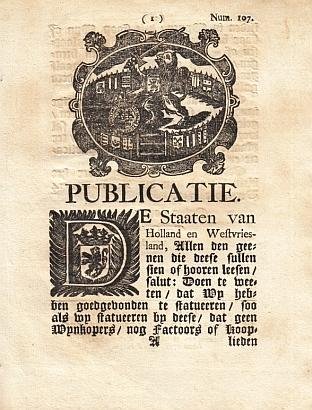 WIJN - Publicatie van de Staaten van Holland en Westvriesland over wijnbelasting.