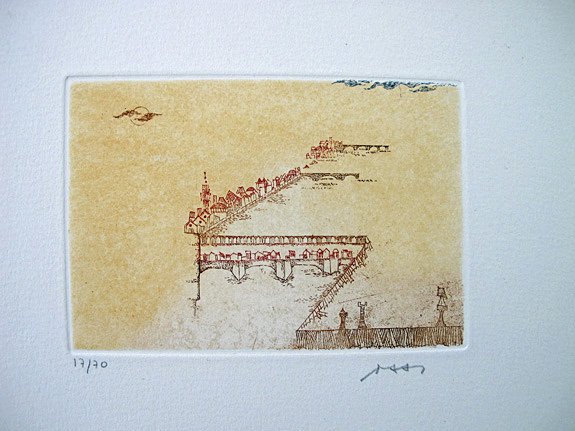 CZINNER, Ossi. - Impression on an italian town with river and bridges. Original coloured etching.