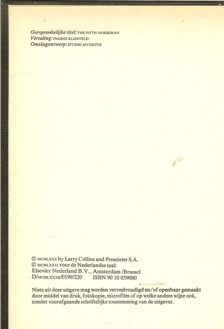 Collins Larry  Vertaling  Ingrid Klijnveld  en Omslagontwerp Studio Myosotis - De Vijfde Ruiter