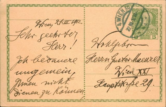 Kienzl, Wilhelm: - Eigenh. Postkarte mit Ort, Datum und Unterschrift