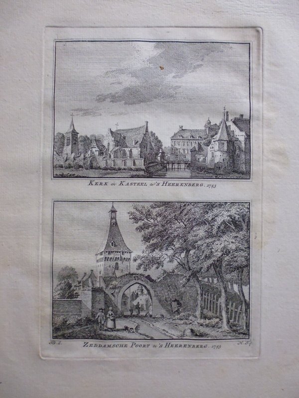 H. Spilman - Kerk en Kasteel te 's Heerenberg / Zeddamsche Poort te 's Heerenberg 1743 - Originele kopergravure