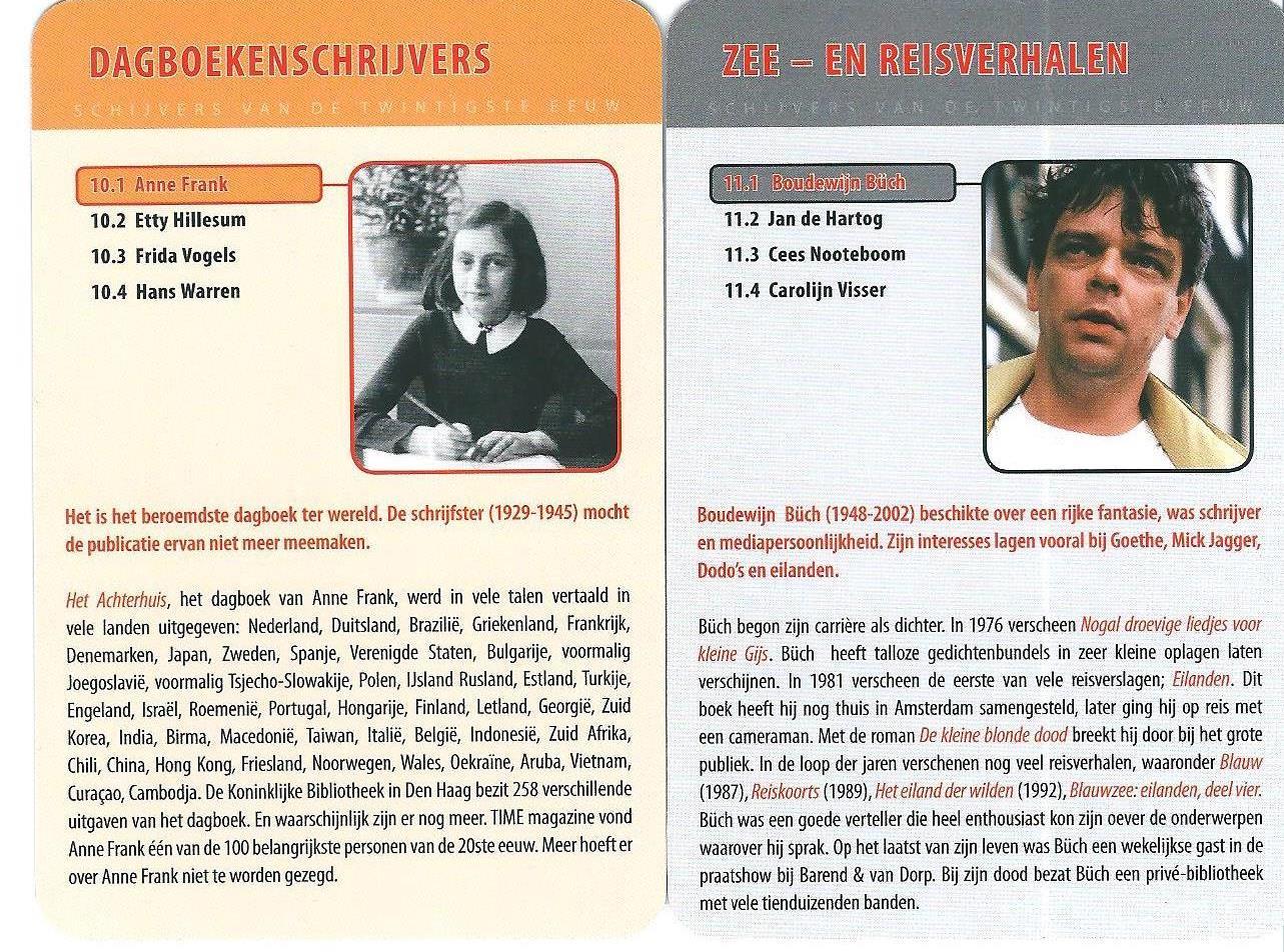 Memoriael - Schrijverskwartet : Nederlandse schrijvers in de 20e eeuw 12 kwartetten, kaartformaat 12x8 cm. (Vogelvluchtkwartet nr. 2). ISBN 9789080434851