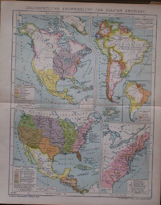antique map (kaart). - Geschichtliche Entwickelung der Staaten Amerikas. (History of the Americas).