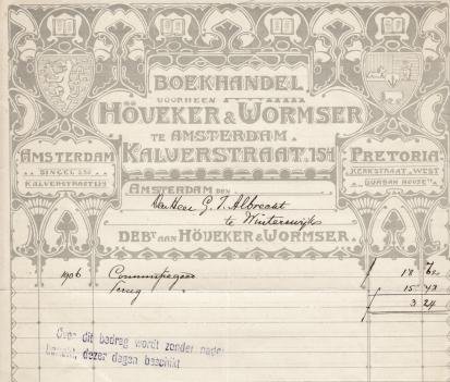 WORMSER, Jac. Ph. - Nota van Boekhandel voorheen Höveker & Wormser te Amsterdam, Kalverstraat 154. Met een wissel van deze boekhandel in kleiner formaat.